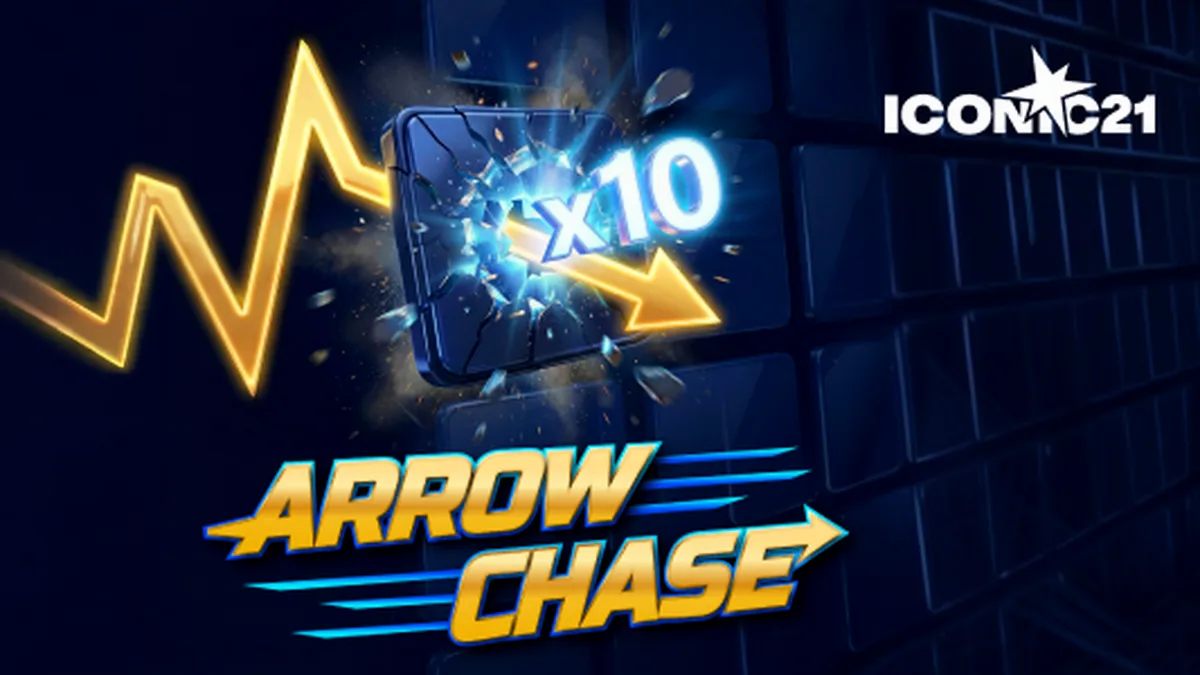 Tampilan visual dinamis Arrow Chase dengan panah yang melintasi grid multiplier.