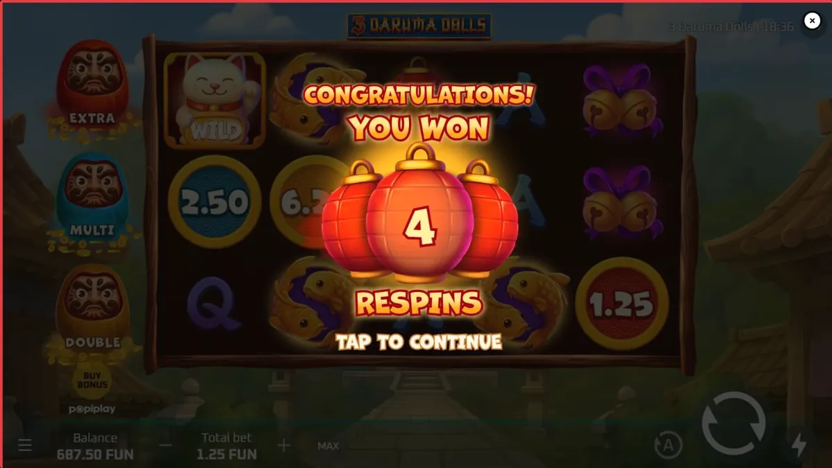 Tampilan visual slot 3 Daruma Dolls dengan latar belakang kuil Jepang yang indah