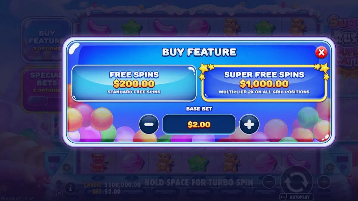 Tampilan layar permainan slot Sugar Rush Super Scatter dengan grid 7x7 yang penuh warna.