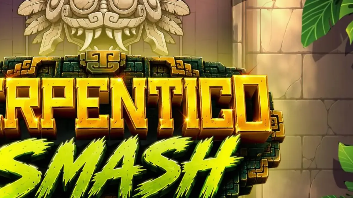 Tampilan visual slot Serpentico Smash dengan tema hutan Aztec dan grid 5x6